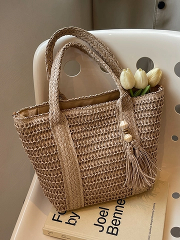 Borsa Tote in Paglia Intrecciata Minimalista da Donna Grande Capacità Borsa a Tracolla Intrecciata a Mano Con Nappina Perlina di Legno Borsa da Spiaggia per Vacanza
