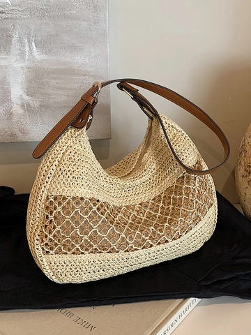 Damen Bohemian Stroh Gewebte Umhängetasche Hohl Große Kapazität Urlaub Strand Tragetasche Mit Verstellbarem PU Lederriemen