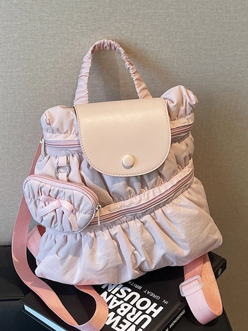 Women Casual Pleated Fabric Backpack Fashion Tote Bag For School Commuting Large Capacity Solid Color Handbag With Bowknot
