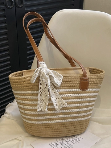 Borsa Tote in Paglia Intrecciata da Donna Grande Capacità Borsa a Tracolla Con Fiocco in Pizzo a Righe Vacanza Spiaggia Mori