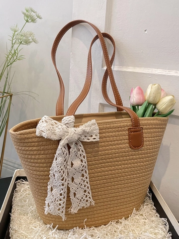 Borsa Tote in Paglia Intrecciata da Donna Grande Capacità Borsa a Tracolla Con Fiocco in Pizzo a Righe Vacanza Spiaggia Mori