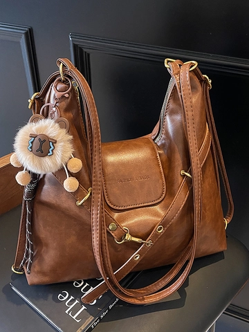 Retro Maillard Soft PU Leather Tote Bag Large Capacity Multi-way Shoulder Bag For Women Vintage Commuter Handbag With Plush Charm