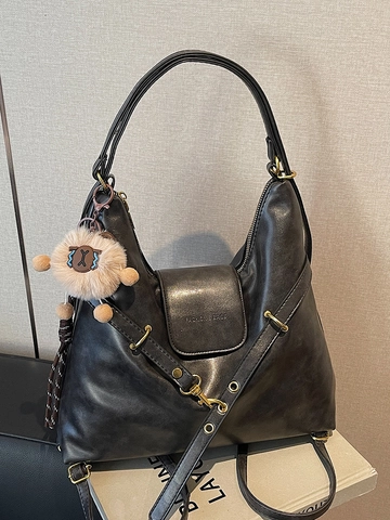 Retro Maillard Soft PU Leather Tote Bag Large Capacity Multi-way Shoulder Bag For Women Vintage Commuter Handbag With Plush Charm
