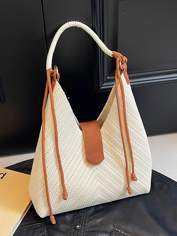 Sac Fourre-Tout Simple en Paille Tissée pour Femmes Sac à Épaule à Motif à Chevrons Avec Bandoulière en Corde Grande Capacité Shopping Voyage
