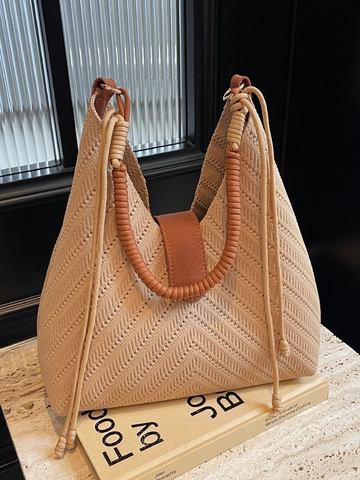 Sac Fourre-Tout Simple en Paille Tissée pour Femmes Sac à Épaule à Motif à Chevrons Avec Bandoulière en Corde Grande Capacité Shopping Voyage