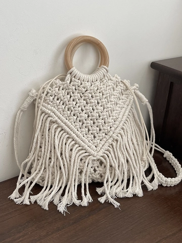 Bolso Bandolera Tejido Bohemio Para Mujer Mango Redondo De Madera Borla Flecos Diseño Calado Bolso De Playa Verano
