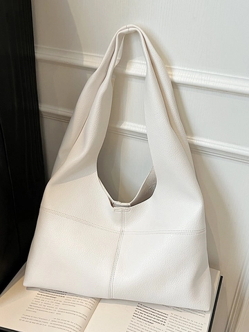 Women Minimalist Solid PU Leather Tote Bag Large Capacity Soft Hobo Shoulder Bag With Lychee Texture For Office Commute Casual Top Handle Bag
