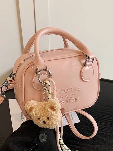Koreanischer Stil Minimalistische PU Leder Pillow-Tasche Für Damen Trendy Commuter Handtasche Mit Plüschbär-Anhänger