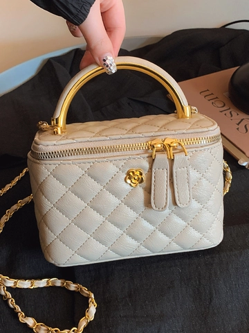Damen Gesteppt Diamantgitter Kette Box Tasche Kamelie Dekor PU Leder Umhängetasche Minimalistisch Kosmetikkoffer Schultertasche
