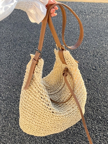 Damen Gewebte Stroh Tote Bag Casual Sommer Strand Umhängetasche Mit Verstellbarem PU Leder Riemen Reißverschluss Schultertasche