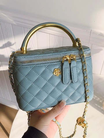 Damen Gesteppt Diamantgitter Kette Box Tasche Kamelie Dekor PU Leder Umhängetasche Minimalistisch Kosmetikkoffer Schultertasche