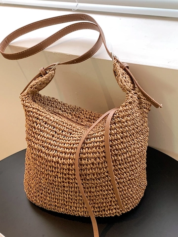 Damen Gewebte Stroh Tote Bag Casual Sommer Strand Umhängetasche Mit Verstellbarem PU Leder Riemen Reißverschluss Schultertasche