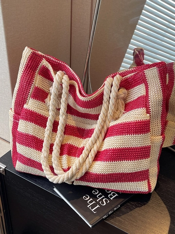 Damen Streifen Gewebt Tote Bag Große Kapazität Strand Urlaub Umhängetasche Mit Seilgriff Quaste Lässig Mode Handtasche
