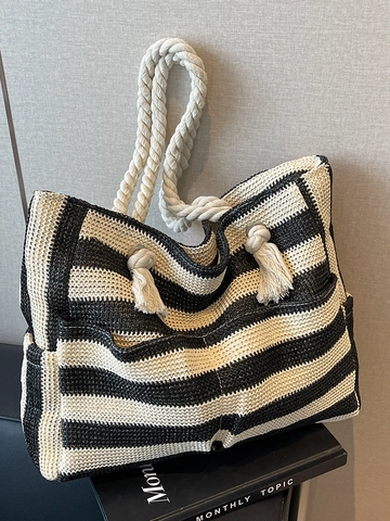 Damen Streifen Gewebt Tote Bag Große Kapazität Strand Urlaub Umhängetasche Mit Seilgriff Quaste Lässig Mode Handtasche
