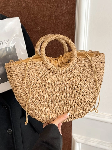 Damen Fashion Handgewebte Stroh Korbtasche Sommer Strand Urlaub Handtasche Kordelzug Innenfutter Umhängetasche Täglich Lässig
