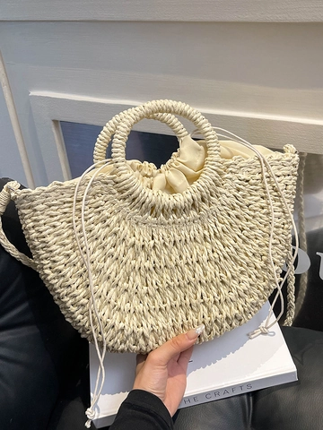 Damen Fashion Handgewebte Stroh Korbtasche Sommer Strand Urlaub Handtasche Kordelzug Innenfutter Umhängetasche Täglich Lässig