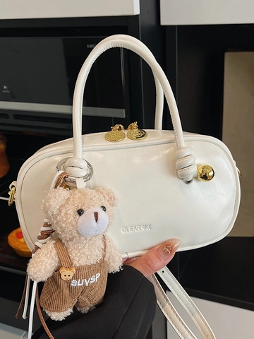 Bolso Mini Boston para Mujer Estilo Coreano Minimalista de Cuero PU Bolso Bandolera Versátil de Color Sólido Con Colgante de Oso Elegante Bolso de Hombro