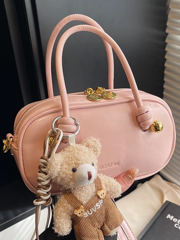 Bolso Mini Boston para Mujer Estilo Coreano Minimalista de Cuero PU Bolso Bandolera Versátil de Color Sólido Con Colgante de Oso Elegante Bolso de Hombro