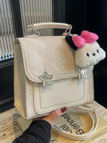 Sac Bandoulière Femme en Cuir PU Petit Sac à Main Carré Avec Étoile en Métal Épissage Contrasté Sac à Épaule Peluche Charm