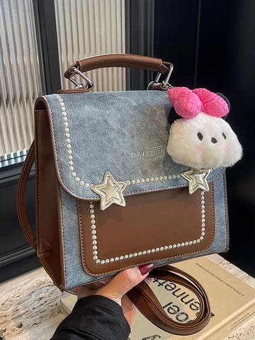Sac Bandoulière Femme en Cuir PU Petit Sac à Main Carré Avec Étoile en Métal Épissage Contrasté Sac à Épaule Peluche Charm