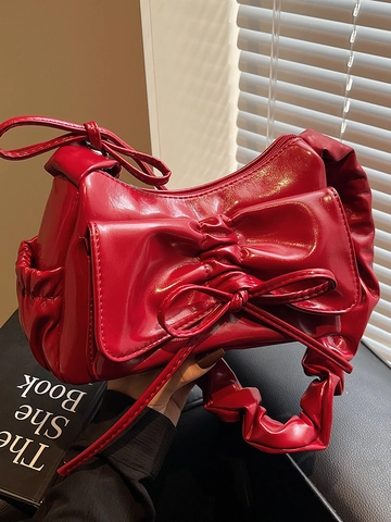 Damen Nischen Plissee Schleife Schultertasche Korean Style Balletcore Glänzendes PU Leder Umhängetasche Mode Handtasche