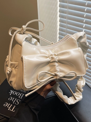 Damen Nischen Plissee Schleife Schultertasche Korean Style Balletcore Glänzendes PU Leder Umhängetasche Mode Handtasche