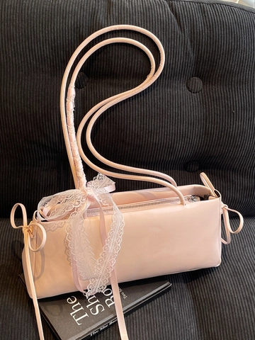 Balletcore Lace Bow Synthetic Leather Underarm Bag Fashionable Square Shoulder Bag With Satin Ribbons Minimalist Women Baguette Bag