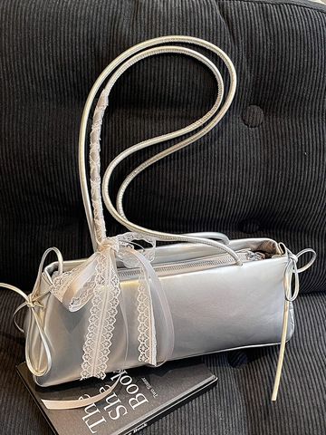 Balletcore Lace Bow Synthetic Leather Underarm Bag Fashionable Square Shoulder Bag With Satin Ribbons Minimalist Women Baguette Bag