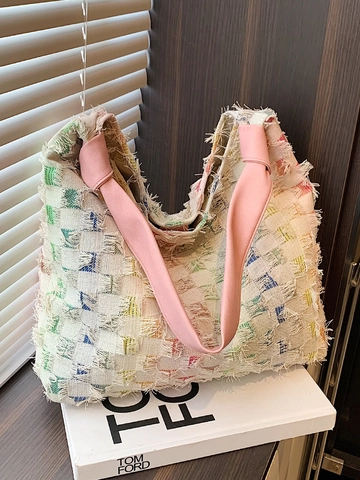 Niche Design Denim Checkerboard Tote Bag Large Capacity Fringe Tassel Shoulder Bag Retro Contrast Grid Hobo Handbag For Women