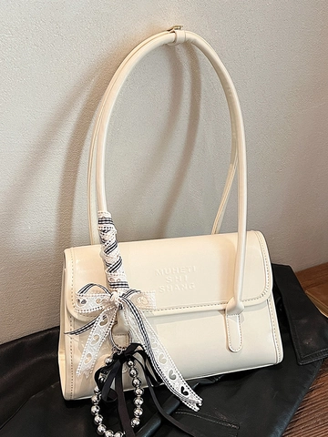 Korean Style Minimalist PU Leather Underarm Envelope Shoulder Bag For Women Solid Color Fashion Commuter Bag With Bow Knot Beaded Ribbon