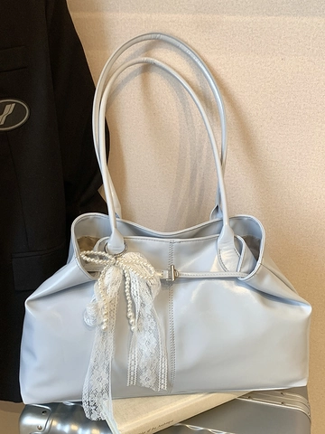 Sac Cabas Femme en Cuir PU Brillant Grande Capacité Sac à Épaule Avec Nœud en Dentelle Perle Artificielle Sac à Main Coréen