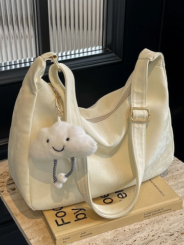 Sac Fourre-Tout pour Femme en Cuir PU Style Coréen Grande Capacité Sac à Bandoulière Minimaliste Avec Pendentif Nuage en Peluche