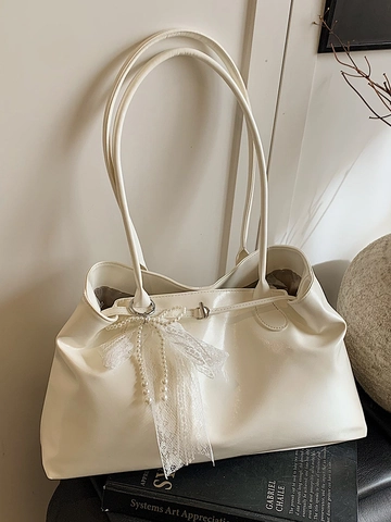 Sac Cabas Femme en Cuir PU Brillant Grande Capacité Sac à Épaule Avec Nœud en Dentelle Perle Artificielle Sac à Main Coréen