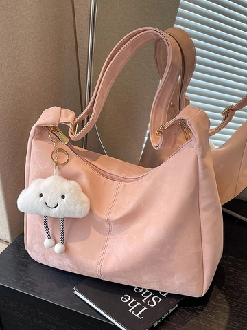 Sac Fourre-Tout pour Femme en Cuir PU Style Coréen Grande Capacité Sac à Bandoulière Minimaliste Avec Pendentif Nuage en Peluche