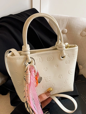 Borsa a Secchiello in Pelle PU Goffrata da Donna Con Motivo Animale a Cartoni Animati Pendaglio in Pizzo Elegante Borsa a Tracolla