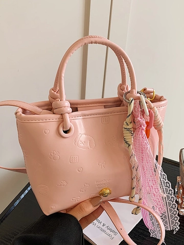 Borsa a Secchiello in Pelle PU Goffrata da Donna Con Motivo Animale a Cartoni Animati Pendaglio in Pizzo Elegante Borsa a Tracolla
