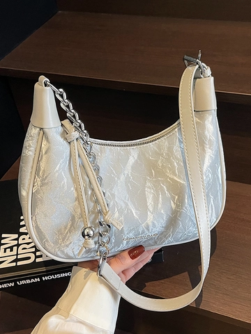 Borsa Hobo Increspata da Donna in Pelle PU a Mezzaluna Con Catena in Metallo Argentato Borsa Sottobraccio Moda Tracolla Quotidiana