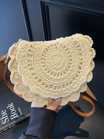 Boho Häkel Umhängetasche Für Damen Handgefertigt Gewebte Strandtasche Klein Wellenkanten Schultertasche Wald Stil Handtasche