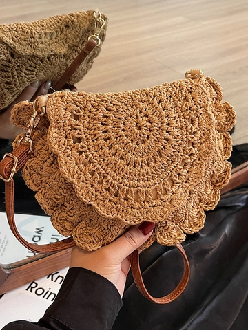 Boho Häkel Umhängetasche Für Damen Handgefertigt Gewebte Strandtasche Klein Wellenkanten Schultertasche Wald Stil Handtasche