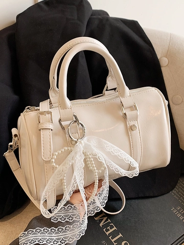 Women Retro PU Leather Boston Pillow Bag Glossy Handbag Artificial Pearl Lace Bow Charm Crossbody Shoulder Bag Daily Use