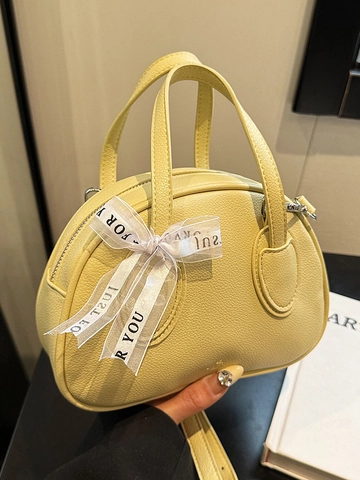 Minimalist Lychee Texture PU Leather Crossbody Bag For Women Decorative Ribbon Bow Handbag Small Boston Bowling Bag Casual Satchel