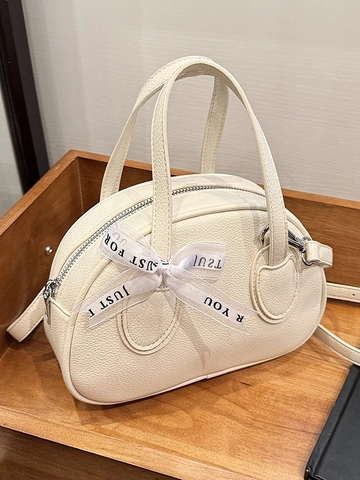 Minimalist Lychee Texture PU Leather Crossbody Bag For Women Decorative Ribbon Bow Handbag Small Boston Bowling Bag Casual Satchel