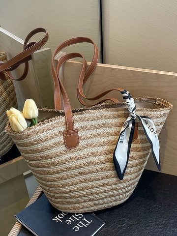 Bolso Tote de Paja para Mujer Con Decoración de Bufanda Rayado Gran Capacidad Bolso de Hombro para Vacaciones de Verano