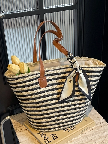 Bolso Tote de Paja para Mujer Con Decoración de Bufanda Rayado Gran Capacidad Bolso de Hombro para Vacaciones de Verano