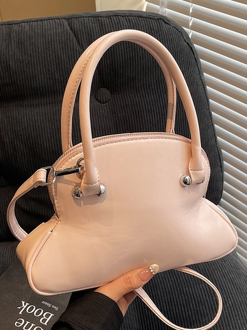 Korean Fashion Women Glossy PU Leather Shell Handbag Sweet Toast Shaped Crossbody Bag Minimalist Shoulder Bag Silver Hardware