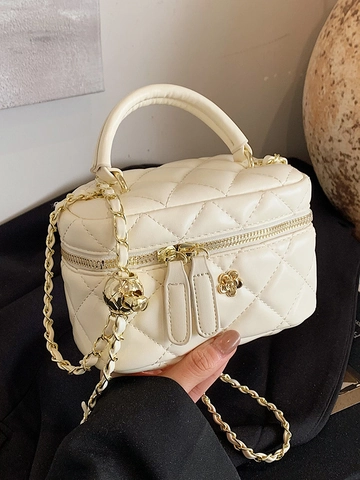 Damen Luxus Rautensteppung Boxtasche Kette Umhängetasche Mit Metall Blume Nische Eleganter Mode Vanity Schultertasche