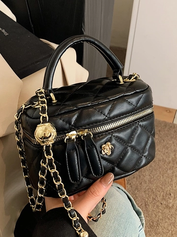 Damen Luxus Rautensteppung Boxtasche Kette Umhängetasche Mit Metall Blume Nische Eleganter Mode Vanity Schultertasche