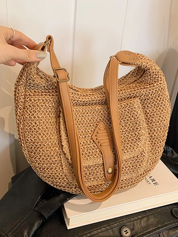 Damen Strohgeflecht Schultertasche Sommer Strand Urlaub Achseltasche Böhmische Halbmond Hobo Tasche Mit Verstellbarem PU Lederriemen