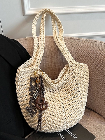 Borsa Tote Intrecciata a Mano per Donna Borsa a Spalla Minimalista in Crochet Artistica Borsa da Spiaggia Vacanza con Ciondolo