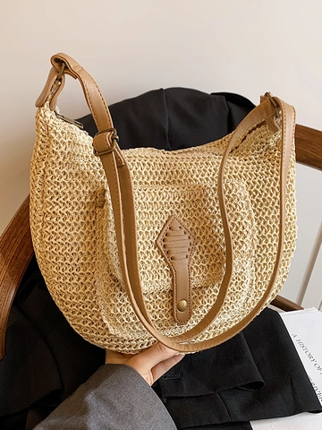 Damen Strohgeflecht Schultertasche Sommer Strand Urlaub Achseltasche Böhmische Halbmond Hobo Tasche Mit Verstellbarem PU Lederriemen